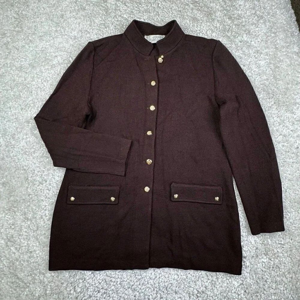 St. John Collection Santana Knit Brown Cardigan Sweater Gold Buttons Womensโ10